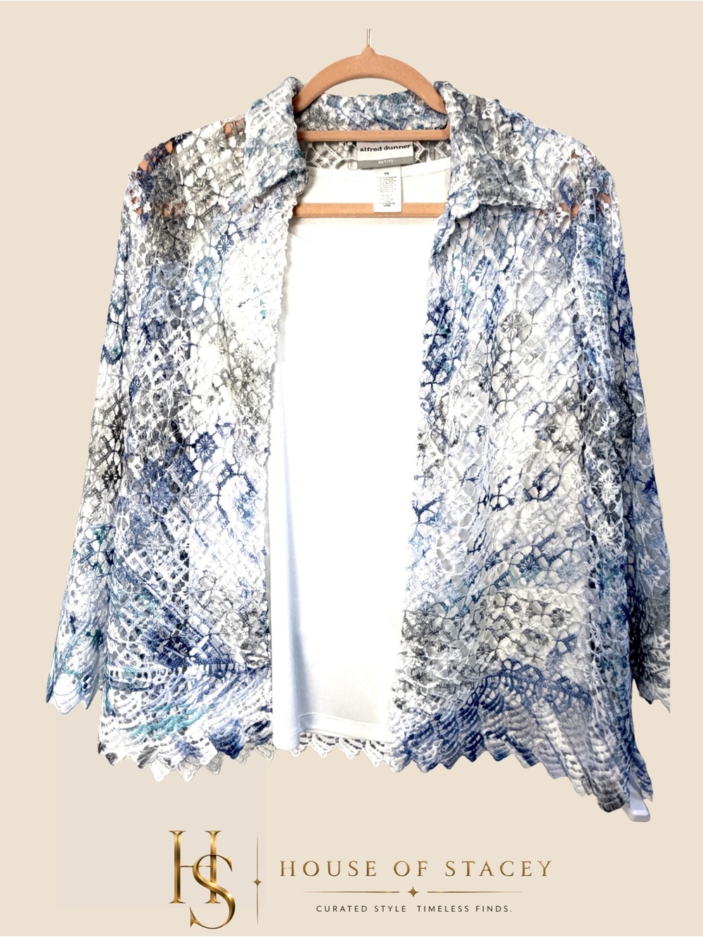 Alfred Dunner Lace Overlay Twinset Top Petite Small Blue White